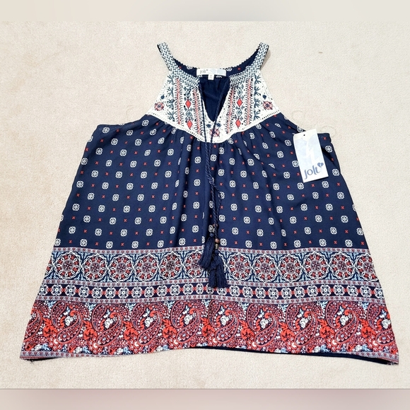 NEW Jolt Tassel Crochet Accent Tank Top Geometric Paisley Print Womans Size M - Picture 4 of 10